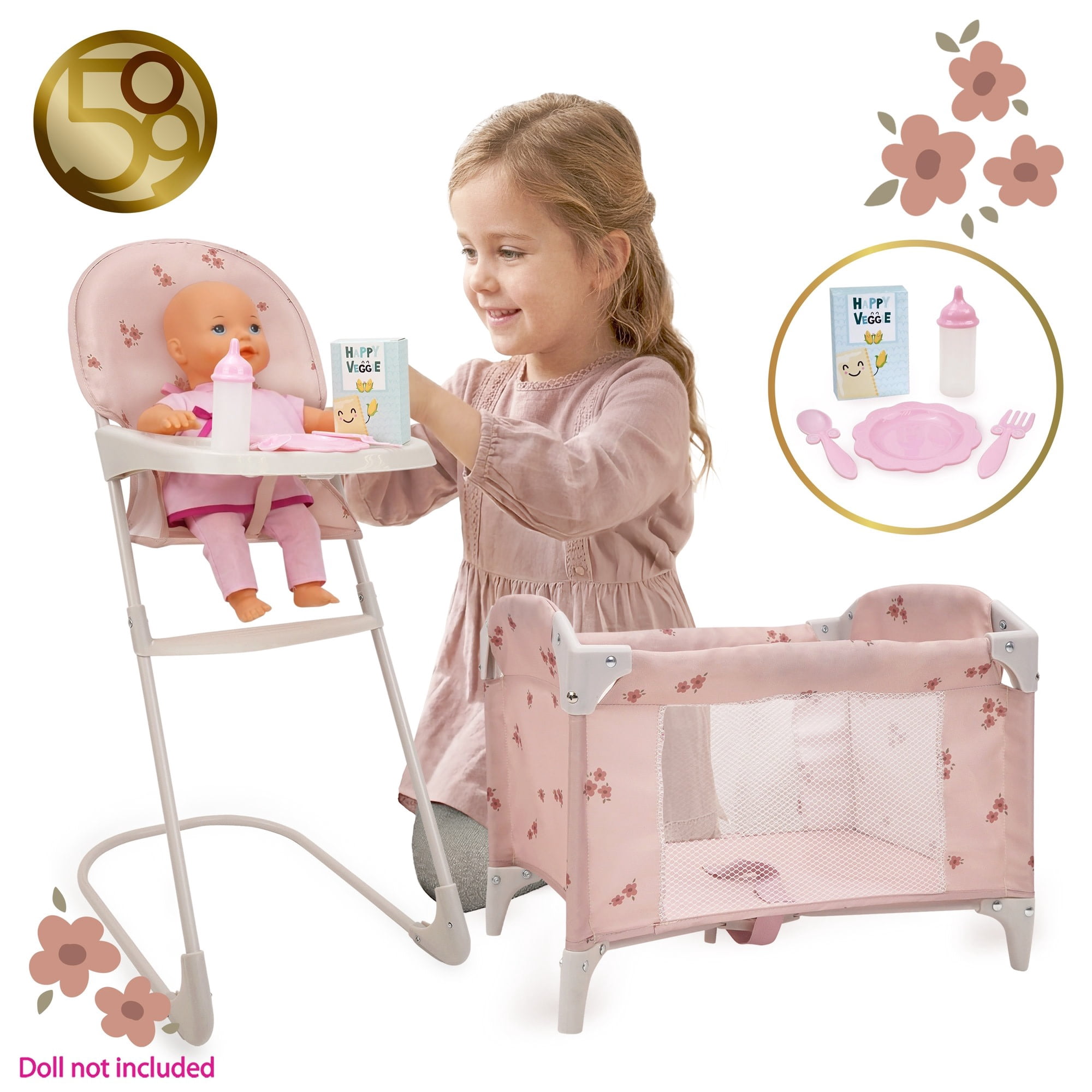 509 Crew: Ballet Flora - Feed N' Care Set - Soft Pink & Flowers, 7pc Play & Feeding Doll Accessories, Highchair & Foldable Play Yard, Roleplay, Kid 3+