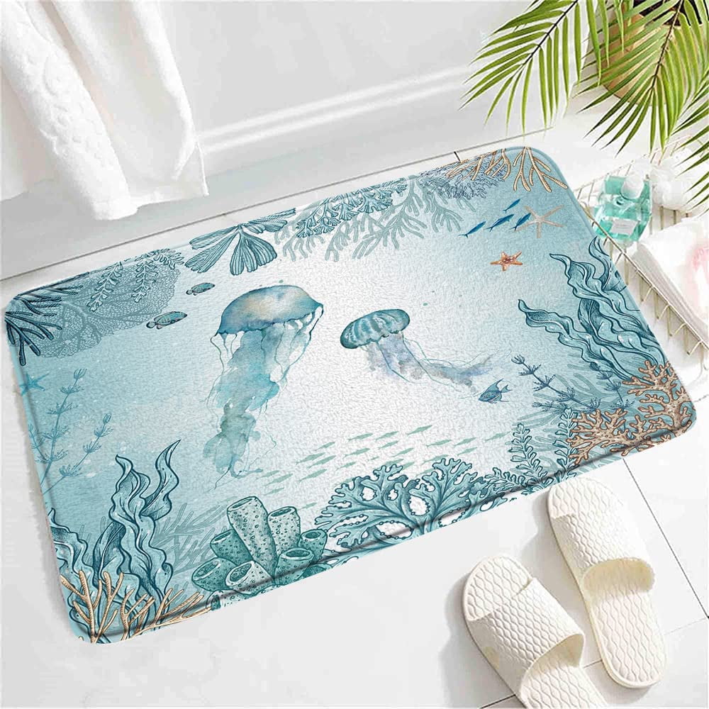 Beach Jellyfish Bath Mat,Watercolor Nautical Teal Jellyfishes Coastal