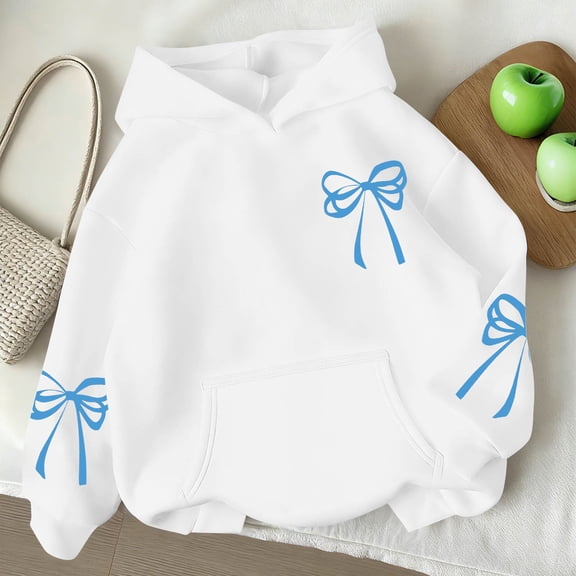 White Girls Hoodie 3-14 Years, Cute Bow Kids Sweatshirt, Soft Stretch Casual Pullover with Pocket,Size 13-14 T