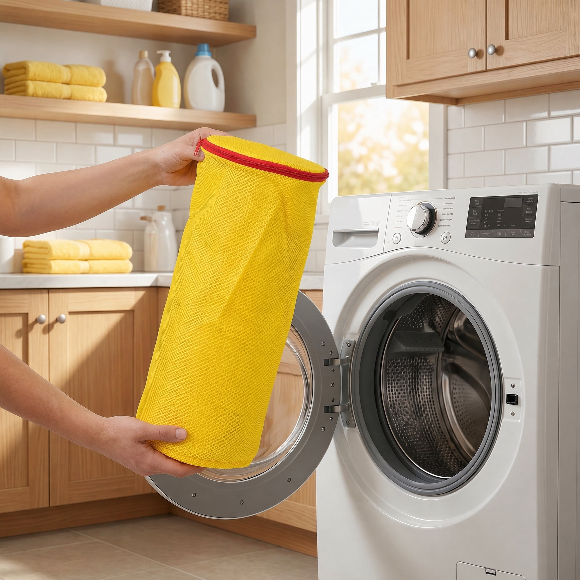 Unique Bargains 2 Pack Polyester  Zippered  Shoe Bag for Washing Machine Yellow 6.7"x15"