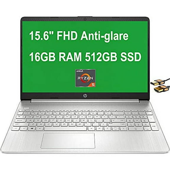 HP Business 15 Laptop Computer 15.6" FHD Anti-Glare Display AMD Hexa-Core Ryzen 5 5500U (Beats i7-10510U) 16GB RAM 512GB SSD USB-C HD Webcam Win10 Pro Silver HDMI Cable