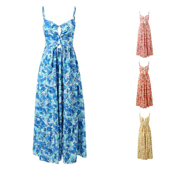 XIAONU Floral Print Spaghetti Strap Maxi Dress For Women Front Cutout Tiered Vacation Dress