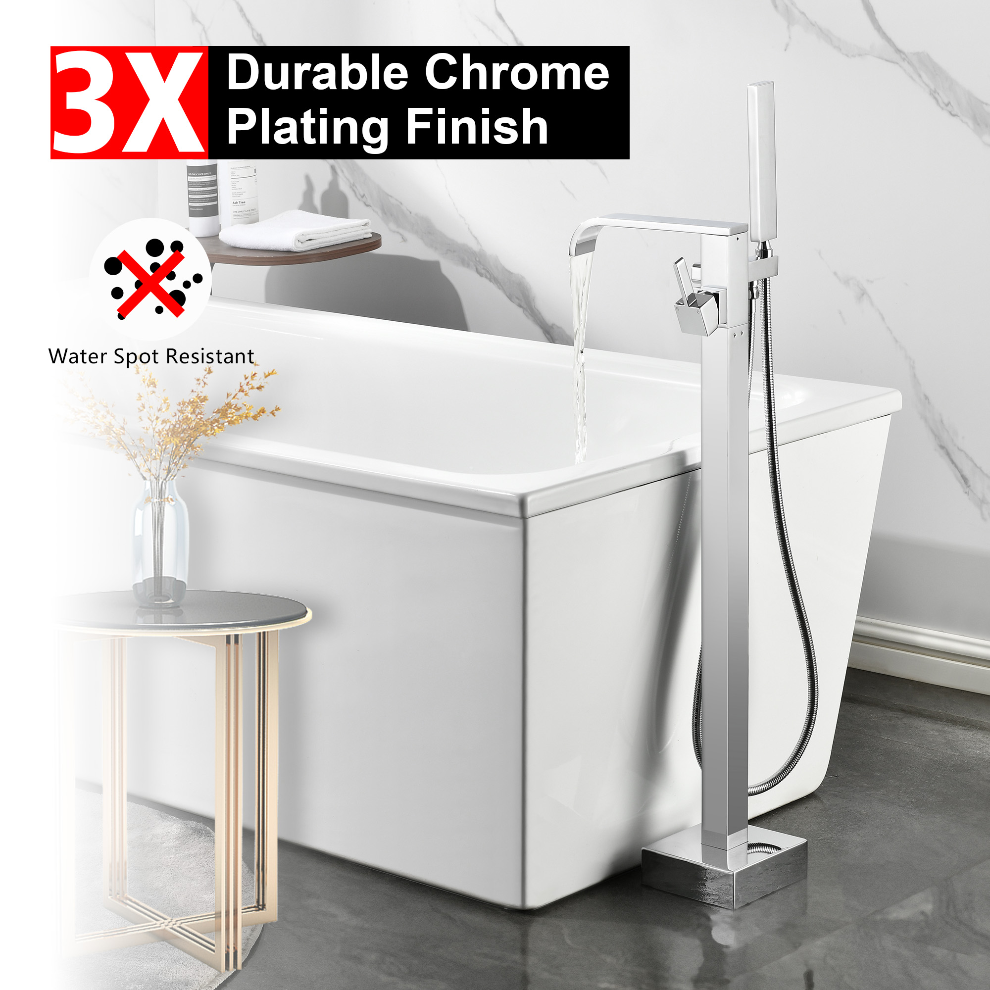 SUMERAIN Chrome Freestanding Bathtub Faucet with Hand Shower, High Flow Waterfall Floor Mount Tub Filler with 360-degree Swivel Spout