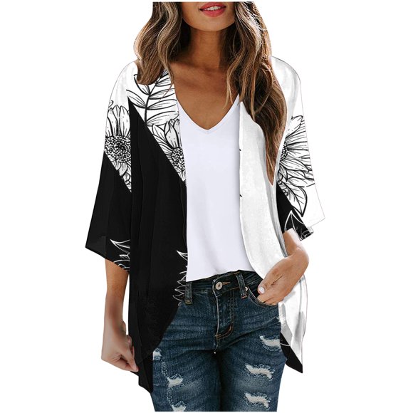 lcziwo 2024 Kimono for Women Womens Kimonos Floral Print Lightweight Chiffon Kimonos Cardigan Puff Sleeve Loose Beach Wear Cover Up Blouse Tops Black L