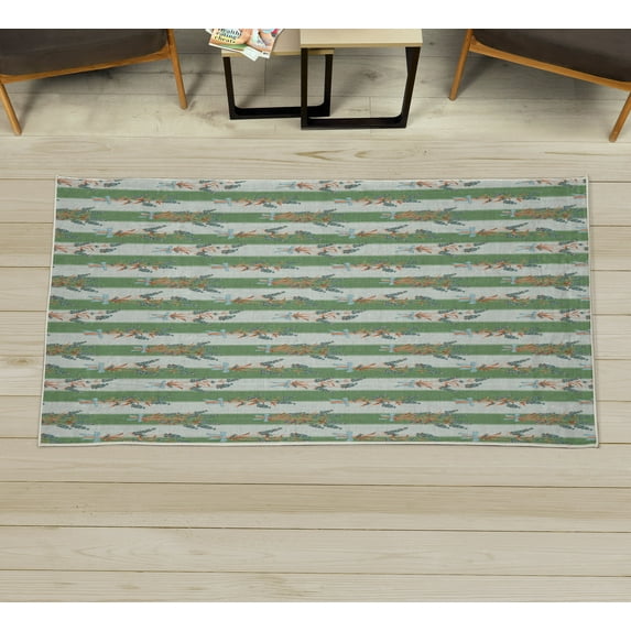 Lavender Decorative Rug, Stripes and Flowers Ribbons Romantic Country Spring Season Inspired Design Art, Quality Carpet for Bedroom Dorm and Living Room, 6 Sizes, Fern Green, by Ambesonne