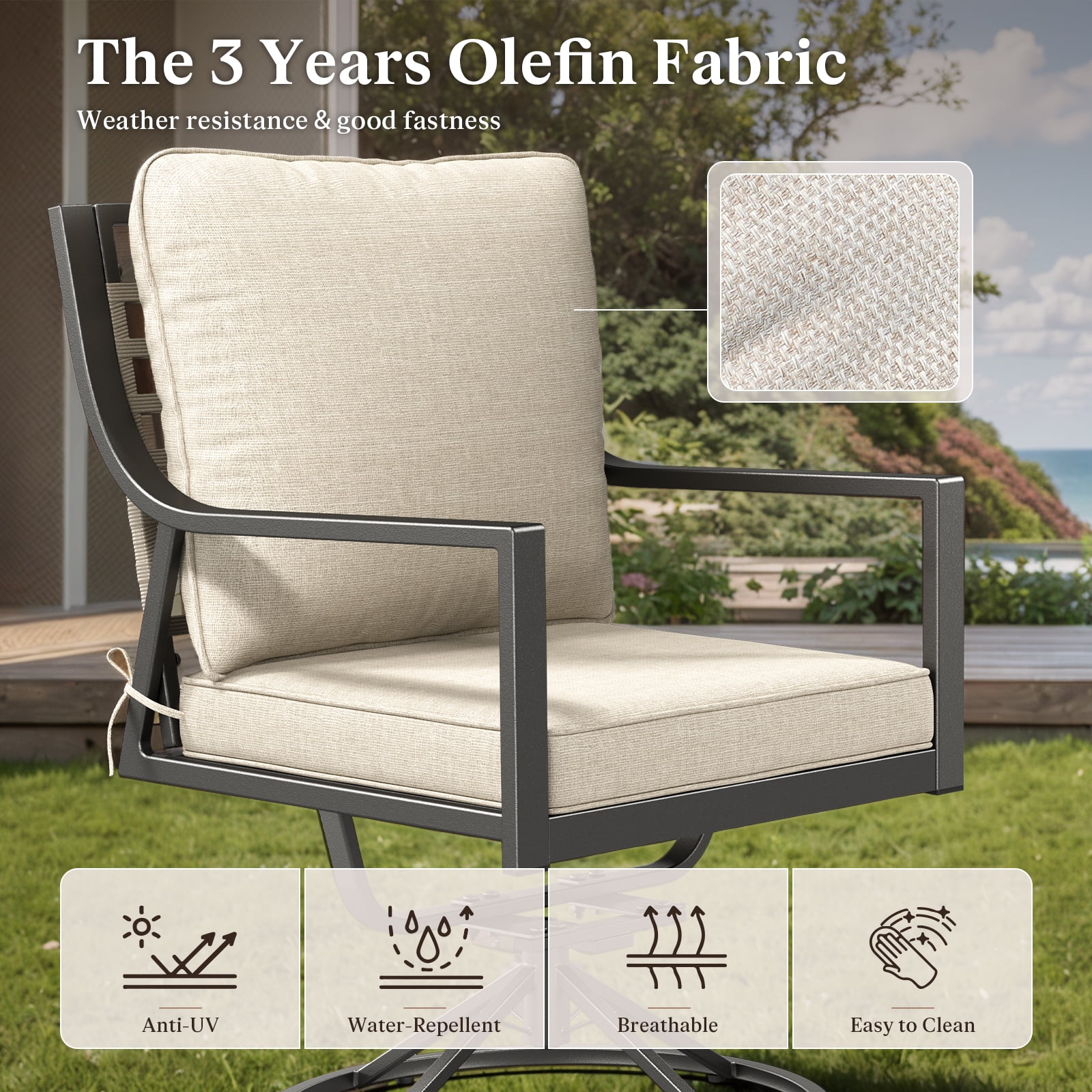 Planntonneo Outdoor Patio Swivel Rocking Dining Chairs Set of 2 with Beige Cushion for Porch Deck Garden Lawn Backyard