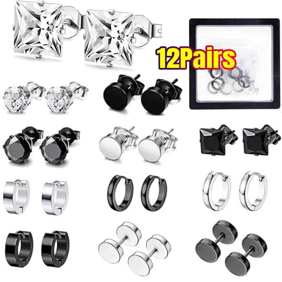 12 Pairs Black Silver Stud Earrings for Men Women 316L Stainless Steel Square Round CZ Mens Earrings Studs Jewelry Set