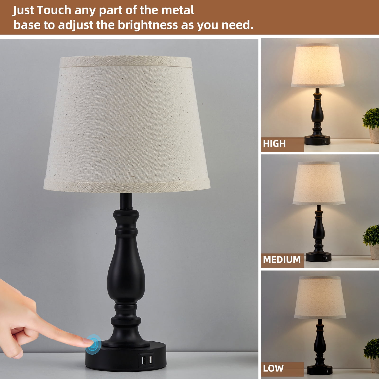NATYSWAN Table Lamps Set of 2, Lamps for Bedroom with USB Charging Ports, 3 Way Dimmable Touch with Linen Lampshade, Modern Small Lamp for Nightstand, Living Room (Bulbs Included)