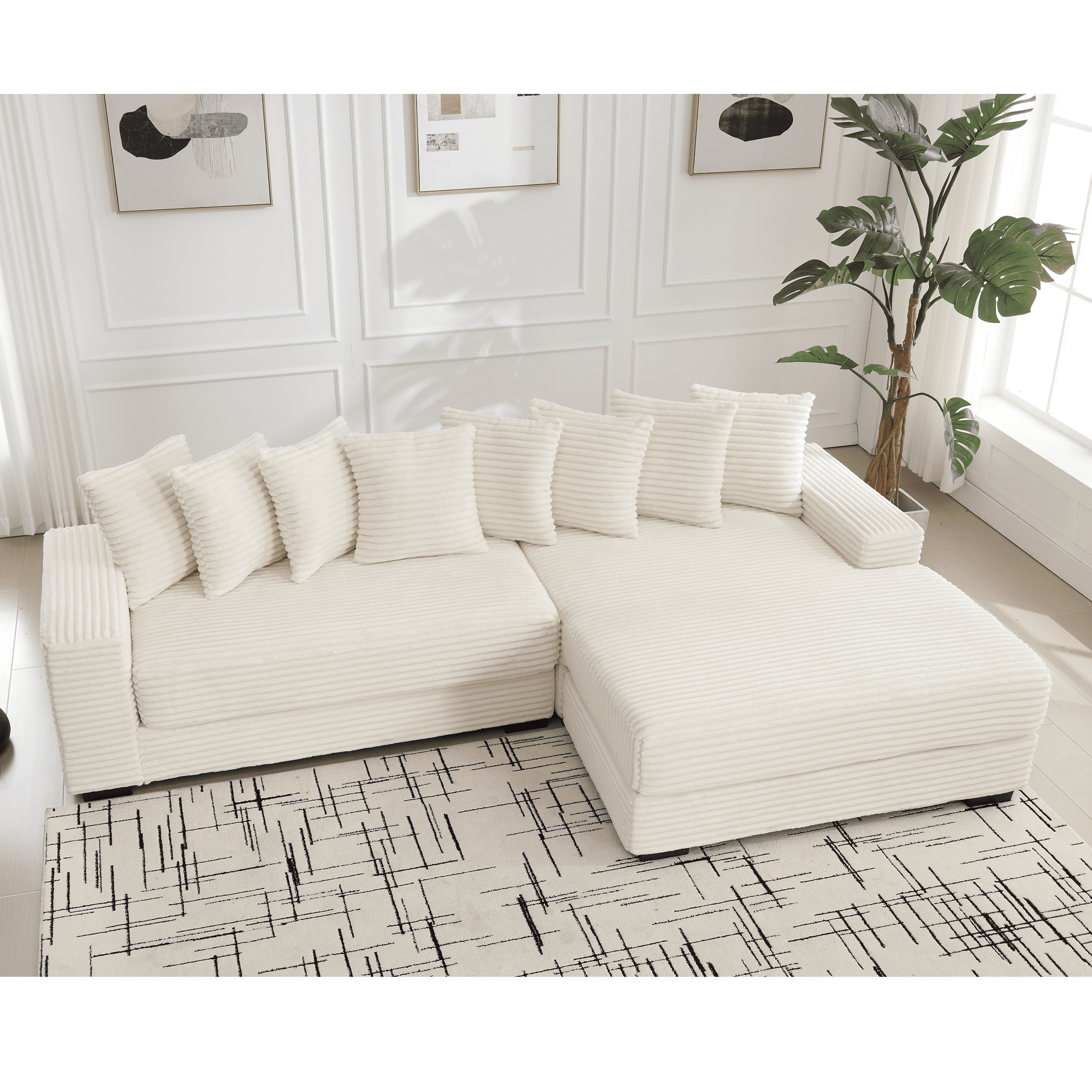 AISWORD 111" Oversized 3-Seat L-Shaped Sectional Sofa with Left Chaise, Luxury Corduroy Fabric Modular Couch with 8 Throw Pillows, Easy Assembly for Living Room