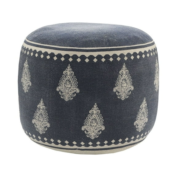 Laddha Home Designs 18" Blue and Beige Bordered Fairy Tale Handcrafted Round Pouf Ottoman