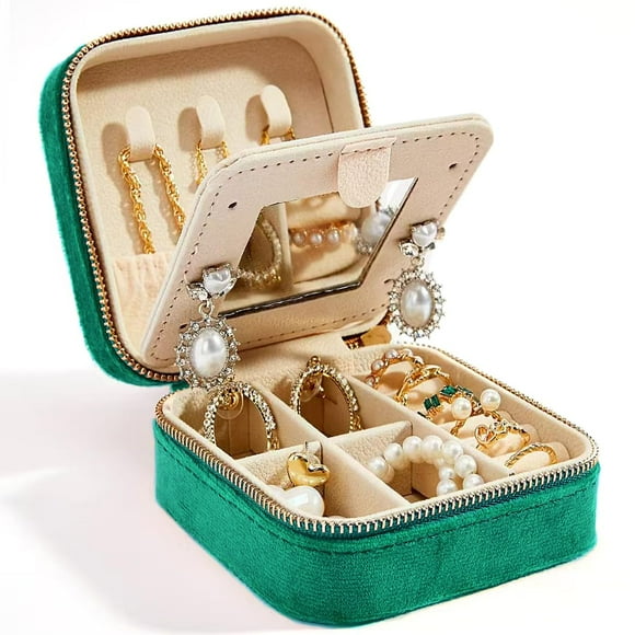 Joyero de terciopelo de viaje con espejo, mini estuche de regalo para mujeres y niñas, pequeñas cajas organizadoras portátiles para anillos, pendientes, collares, pulseras
