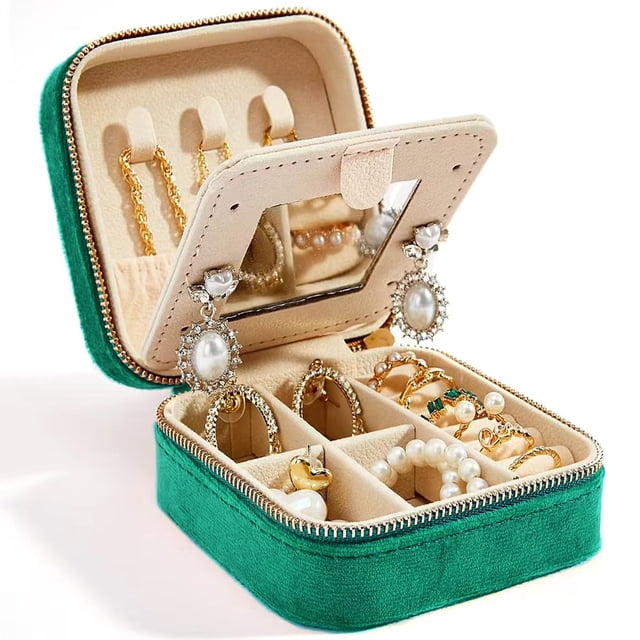 Joyero de terciopelo de viaje con espejo, mini estuche de regalo para mujeres y niñas, pequeñas cajas organizadoras portátiles para anillos, pendientes, collares, pulseras