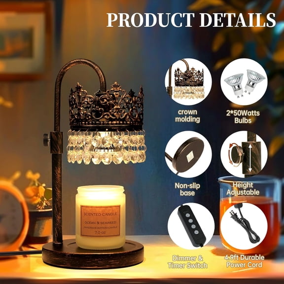 Candle Warmer Lamp with Timer Dimmer Adjustable Height with 2 Bulbs Crystal Candle Lamp Elegant Home Decor for Mother's Day Gift Wax Melt Warmers for Women Birthday Gift (Black Gold Brushed)