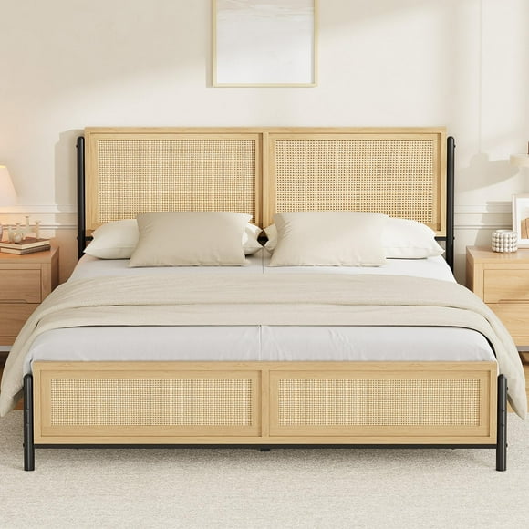 Yiwa Natural Rattan Boho Platform Bed, Wood Frame with Rattan Headboard/Footboard and Noise-Free Metal Slats, No Box Spring Needed