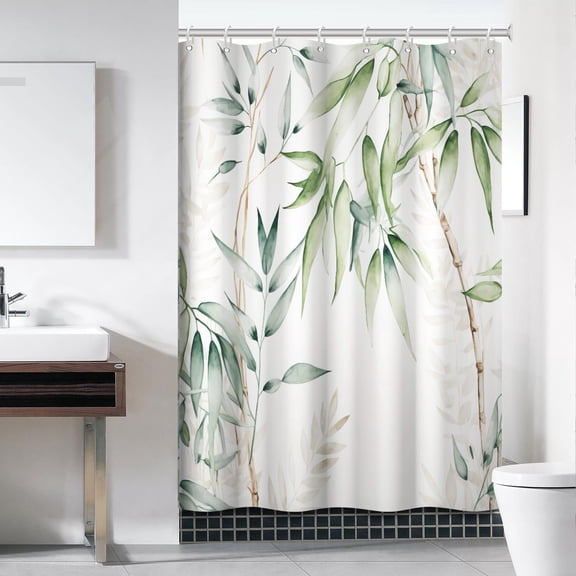 Sage Green Eucalyptus Shower Curtain, Spring Plant Leaves Shower Curtain Waterproof Fabric Watercolor Green and Gold Shower Curtain Set with Hooks, 60x72 Inch