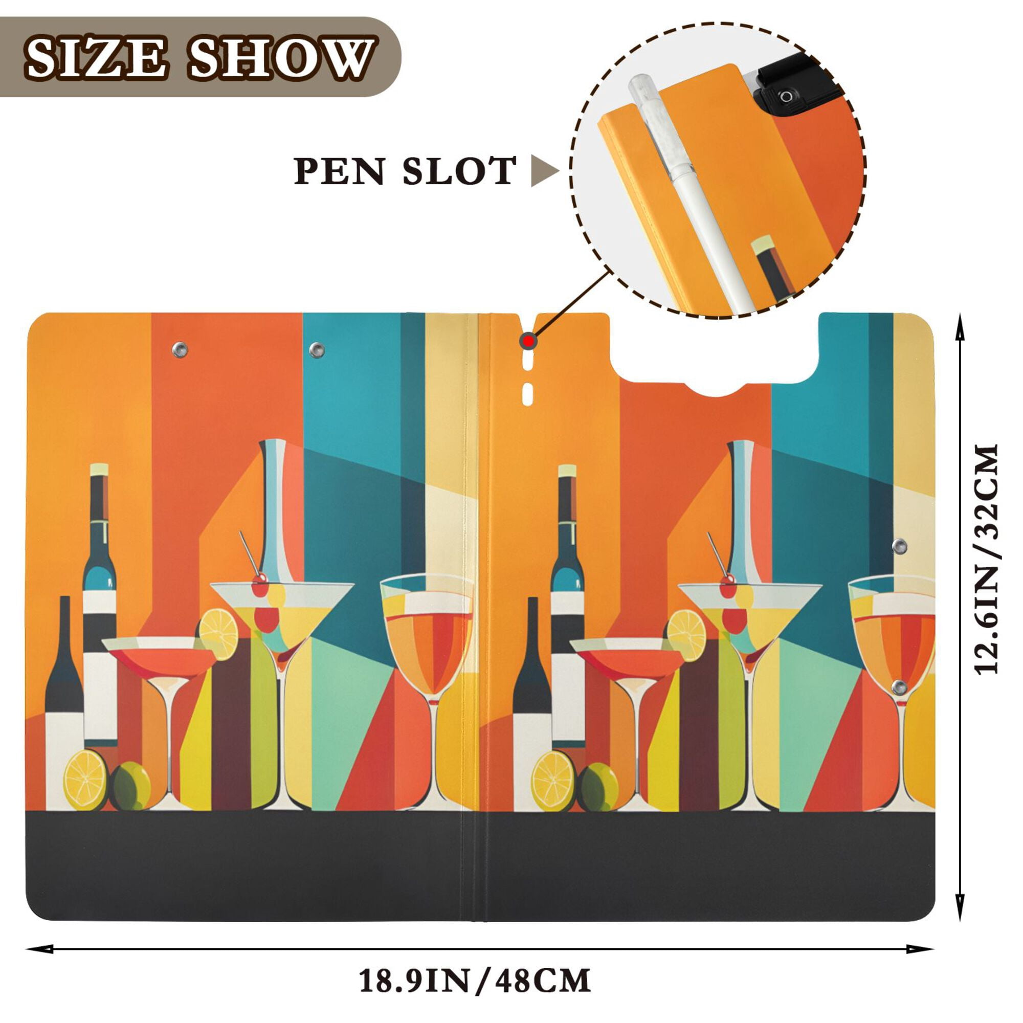 FORMRS A4 Clipboard Folder with Pen Holder Horizontal Foldable School Office Binder, Colorful Cocktails