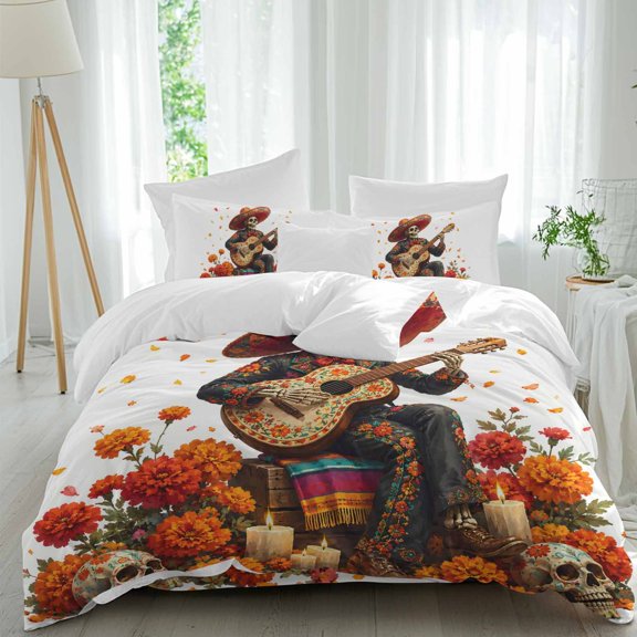 Halloween Twin Duvet Cover Set, Vintage Skeleton Musician Red Marigold Burning Candles 4 Piece Microfiber Bedding Set with Zipper Closure, Bed Sheet and 2 Pillow Shams, Soft Bedding Cover