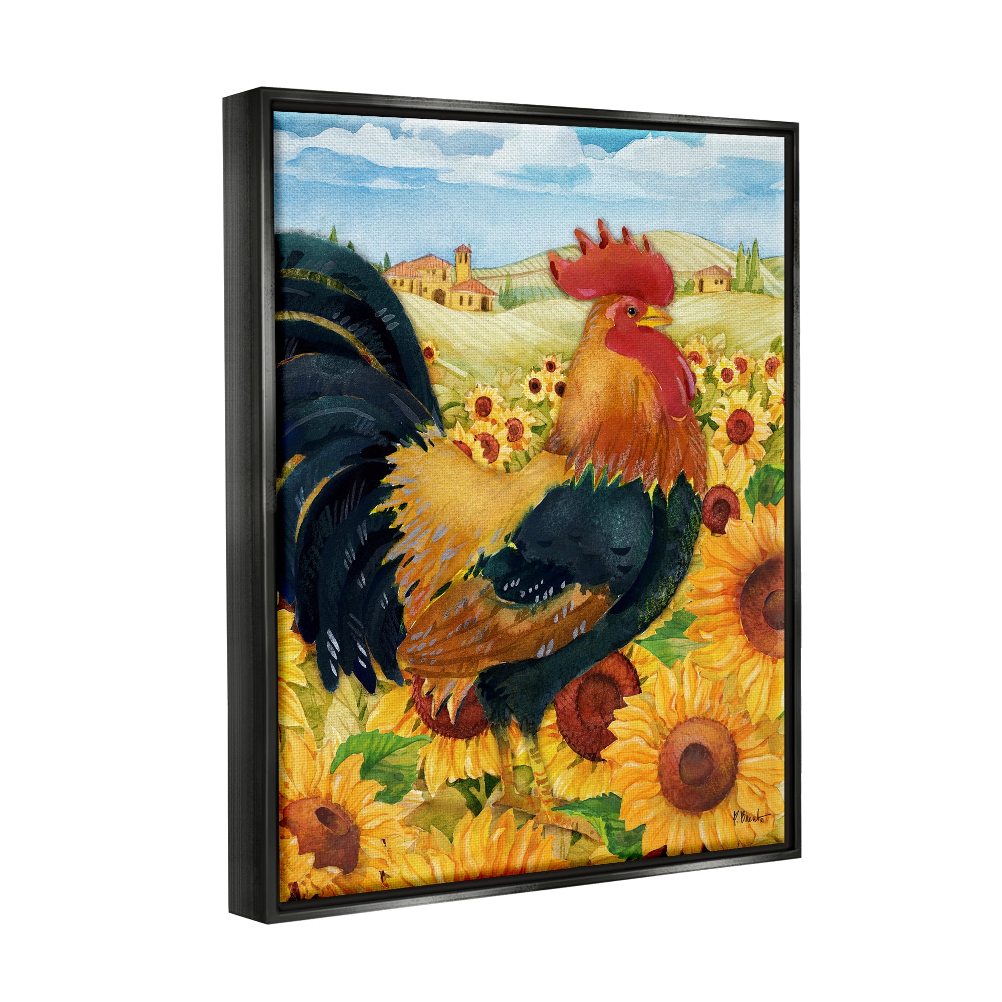Stupell Industries Rooster in Sunflower Fields Animals & Insects Painting Black Floater Framed Art Print Wall Art, 25 x 31