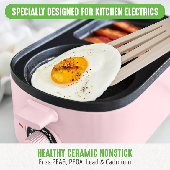 3-in-1 Breakfast Maker Station, Healthy Ceramic Nonstick Dual Griddles for Eggs Meat Sausage Bacon Pancakes and Breakfast Sandwiches, 2  Toast Drawer, Easy-to-use Timer, Pink