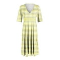 thumbnail image 5 of vigerkar Gingham V Neck Short Sleeve Dress for Women Summer Plaid Flowy Beach Vacation Midi Dresses Yellow, 3XL, 5 of 6