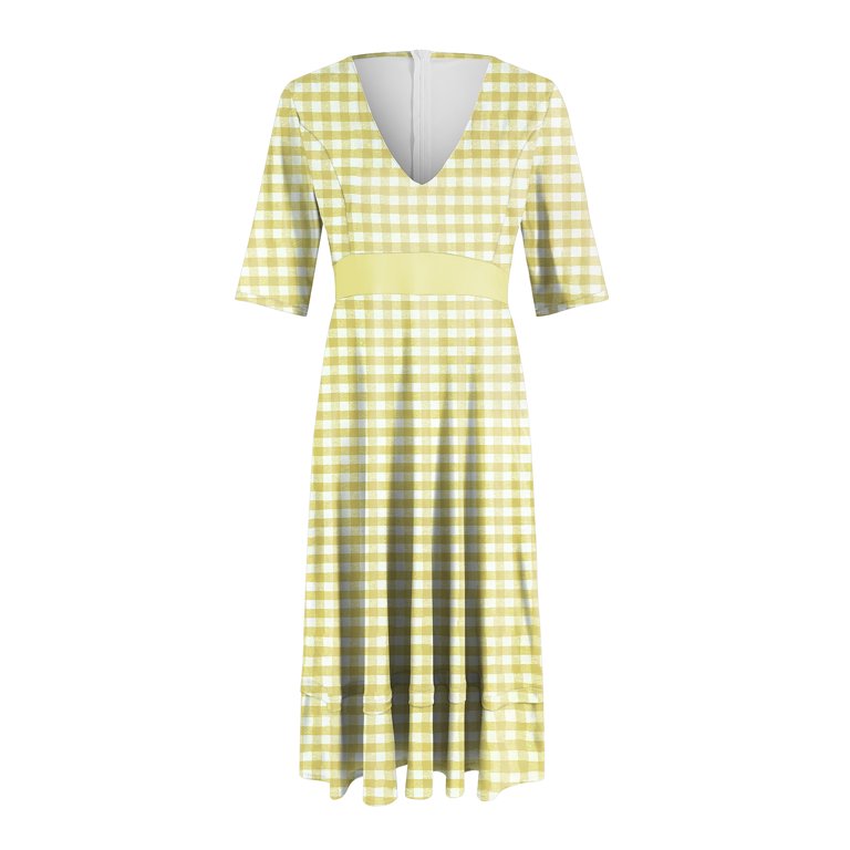 vigerkar Gingham V Neck Short Sleeve Dress for Women Summer Plaid Flowy  Beach Vacation Midi Dresses Yellow, 3XL - Walmart.com