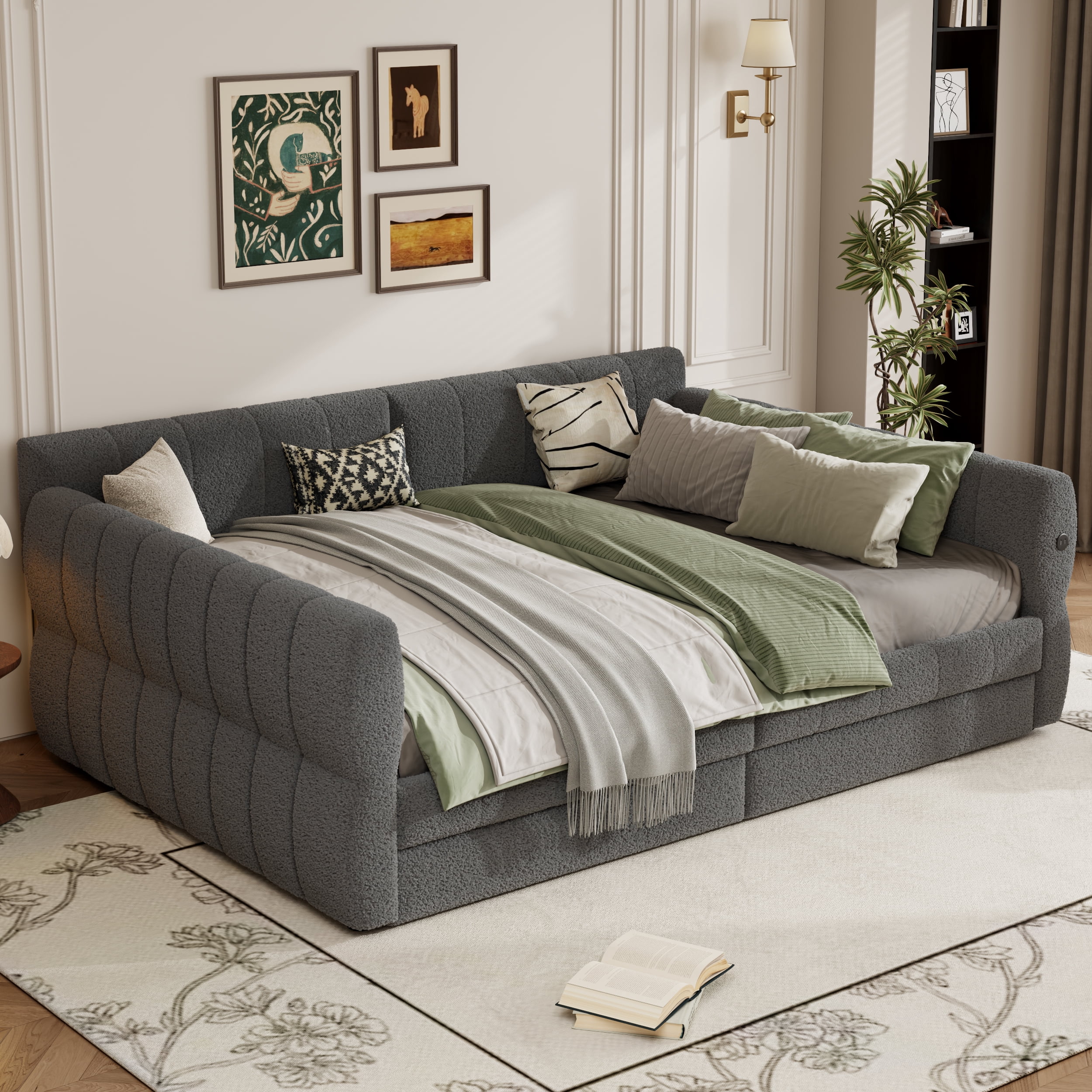 Euroco Upholstered King Size Platform Bed with Drawers and USB Ports, Gray
