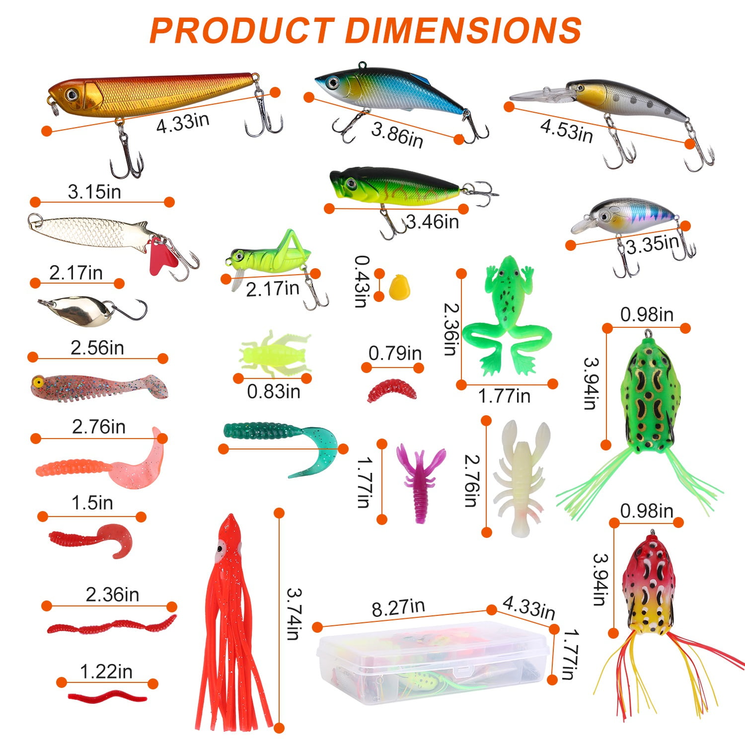 Moclever 375Pcs Fishing Lures Kit, Fishing Baits and Tackle Box Lifelike Popper Crankbaits Crickets Frogs Spoon Lures Maggots for Saltwater Freshwater, 8.27x4.33x1.77in