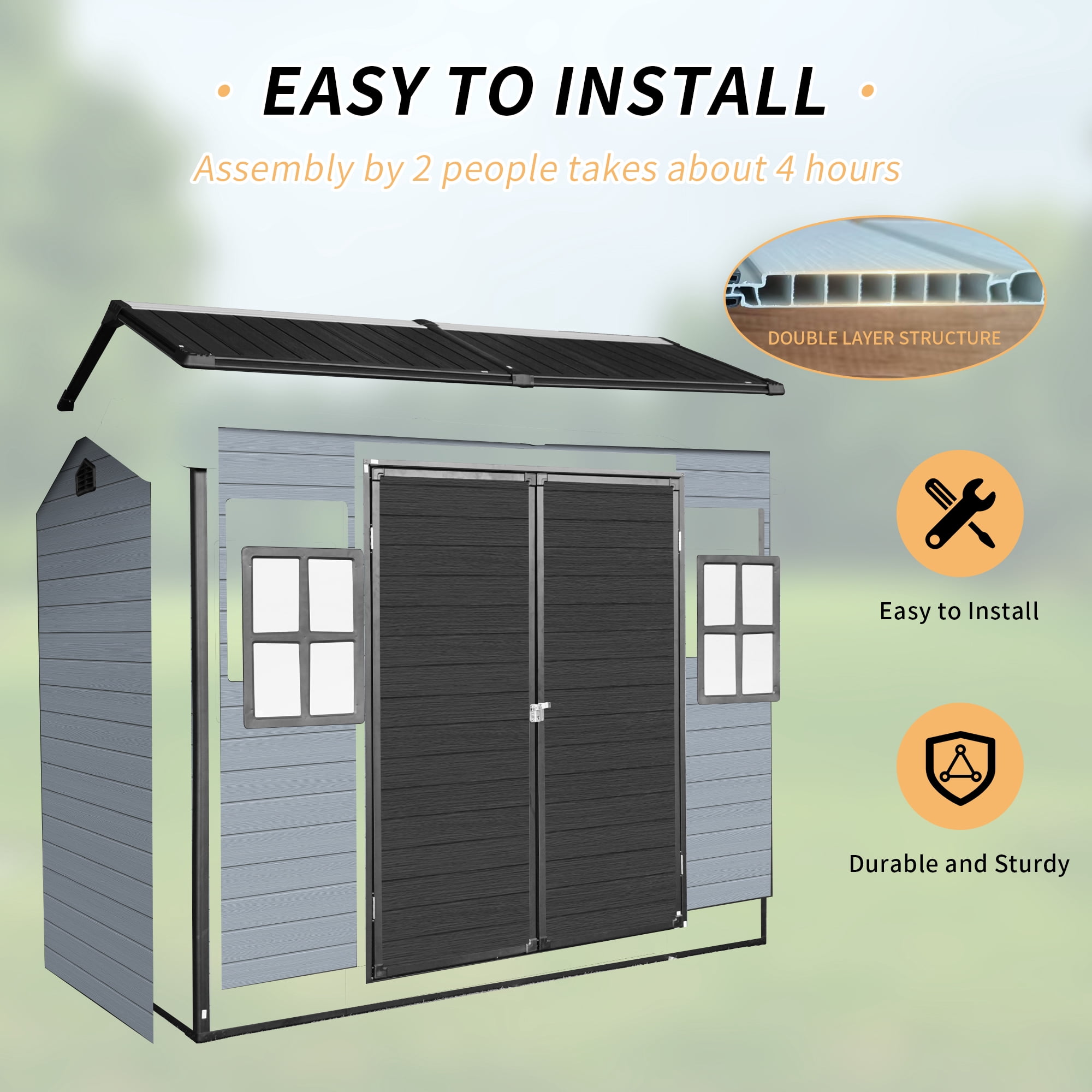 8x4ft Resin Outdoor Storage Shed with Reinforced Floor and 2 Windows, Heavy Duty Plastic Garden Tool Shed for Patio, Backyard, with Lockable Door for Bicycles, Lawn Mower - Gray/Black