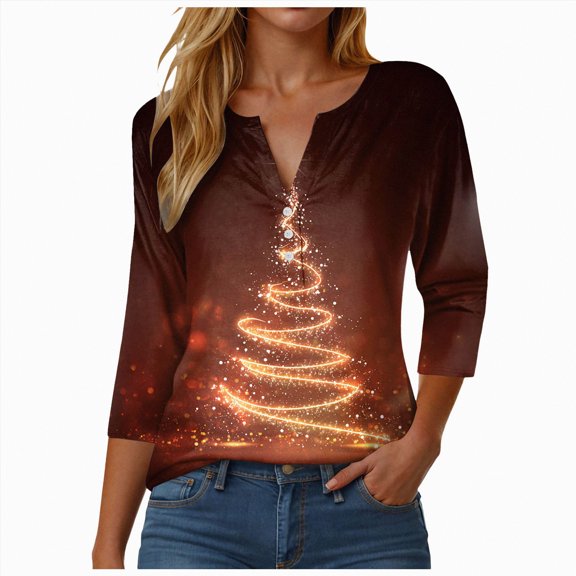 TAmten Womens Merry Christmas 3/4 Sleeve Shirt Funny Xmas Buffalo Plaid Letter Printed Tree Graphic Tee Winter Holiday Top(Brick Red,M)