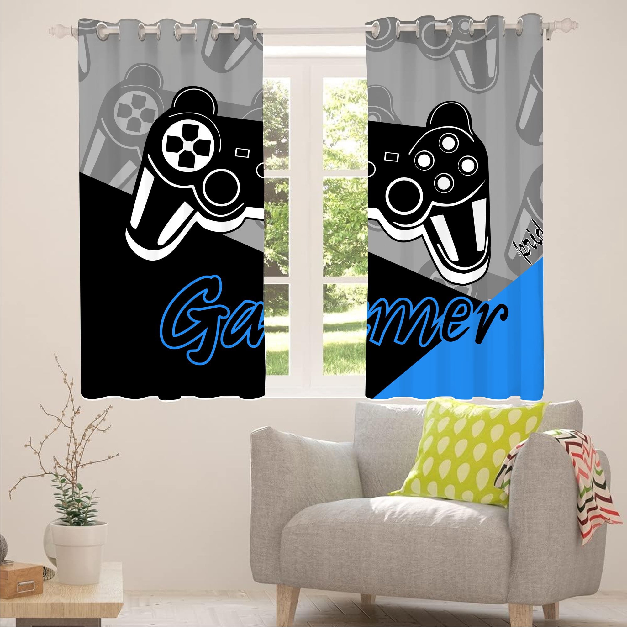 Psoiuetr Gamepad Blackout Curtains Teens Boys Kids Gaming Video Game Room Bedroom Living Room Decor Darkening Window Treatments Drapes Grommet Blue Black 2 Panel 52" W x 63" L