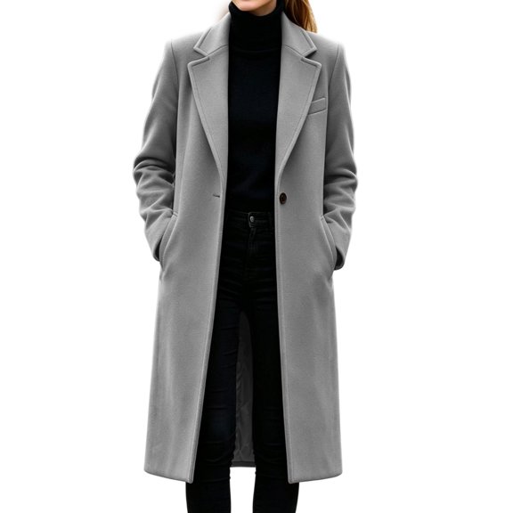 CHGBMOK Women's Long Coat Notched Lapel Single Button Casual Overcoat Warm Long Sleeve Fall Winter Outerwear Jacket with Pockets