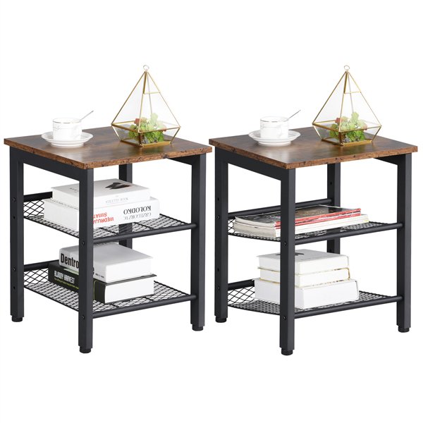 Set Of 2 Industrial End Table Side Tables With 2 Tier Mesh Shelves Metal Frame Nightstands For Living Room Bedroom Office Rustic Brown Walmart Com Walmart Com