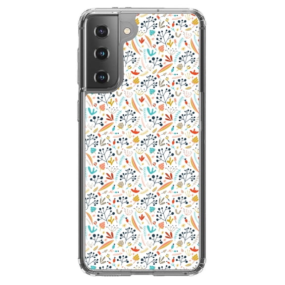 DistinctInk Clear Shockproof Hybrid Case for Galaxy S21  PLUS 5G (6.7" Screen) - TPU Bumper, Acrylic Back, Tempered Glass Screen Protector - Modern Floral - White Red Navy