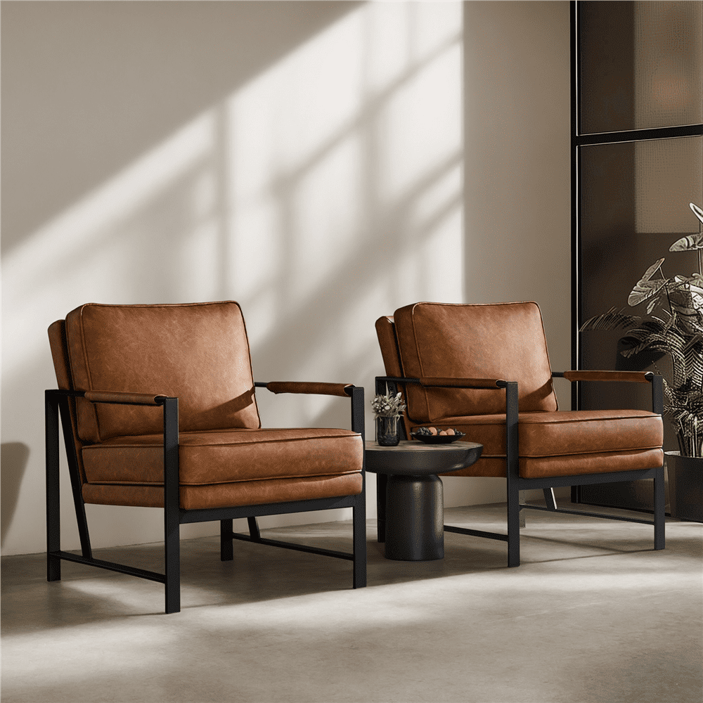 Alden Design Upholstered PU Leather Accent Chairs with Metal Arms, Set of 2, Light Brown