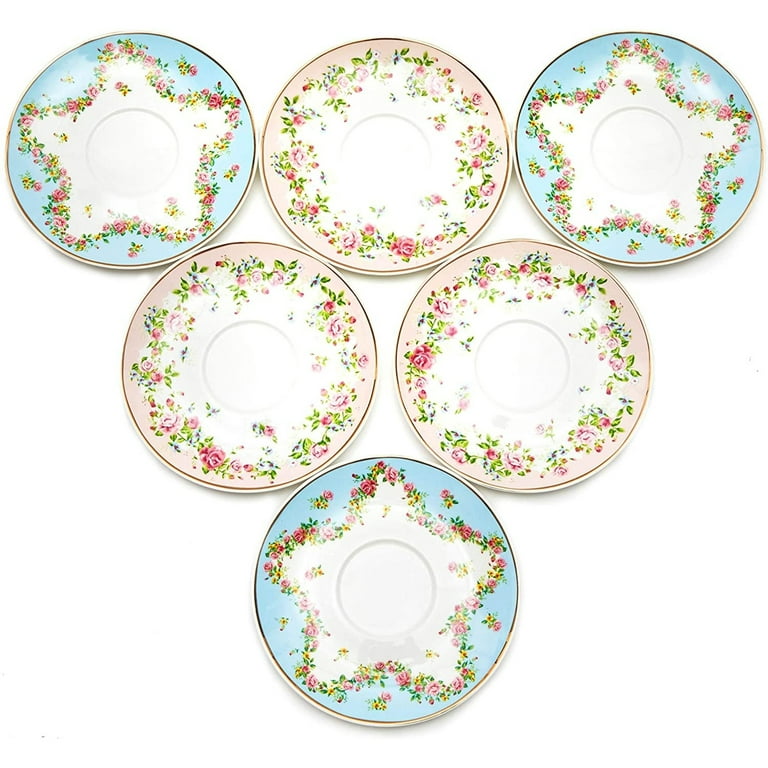 Set of 6 Vintage Floral Tea Cups and Saucers for Tea Party Supplies (Blue,  Pink, 8oz)