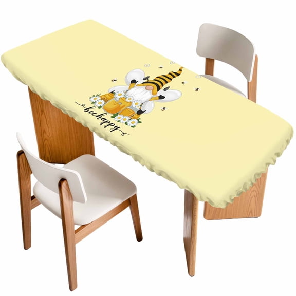 Yellow Gnomes Table Cloths for 8 Foot Rectangle Tables, Spring Bees Daisy Honey White Floral Patio Waterproof Elastic Fitted Tablecloths, Washable Rectangular Table Cover for Camping