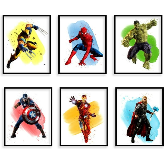 Superhero Avengers Watercolor Art Prints, Set of 6 (8 inches x 10 inches), Nursery Wall Art Stuff Decor, Wall Poster for Baby Shower Decorations, Baby Bedroom, Kids Playroom (UNFRAMED) (Avengers)