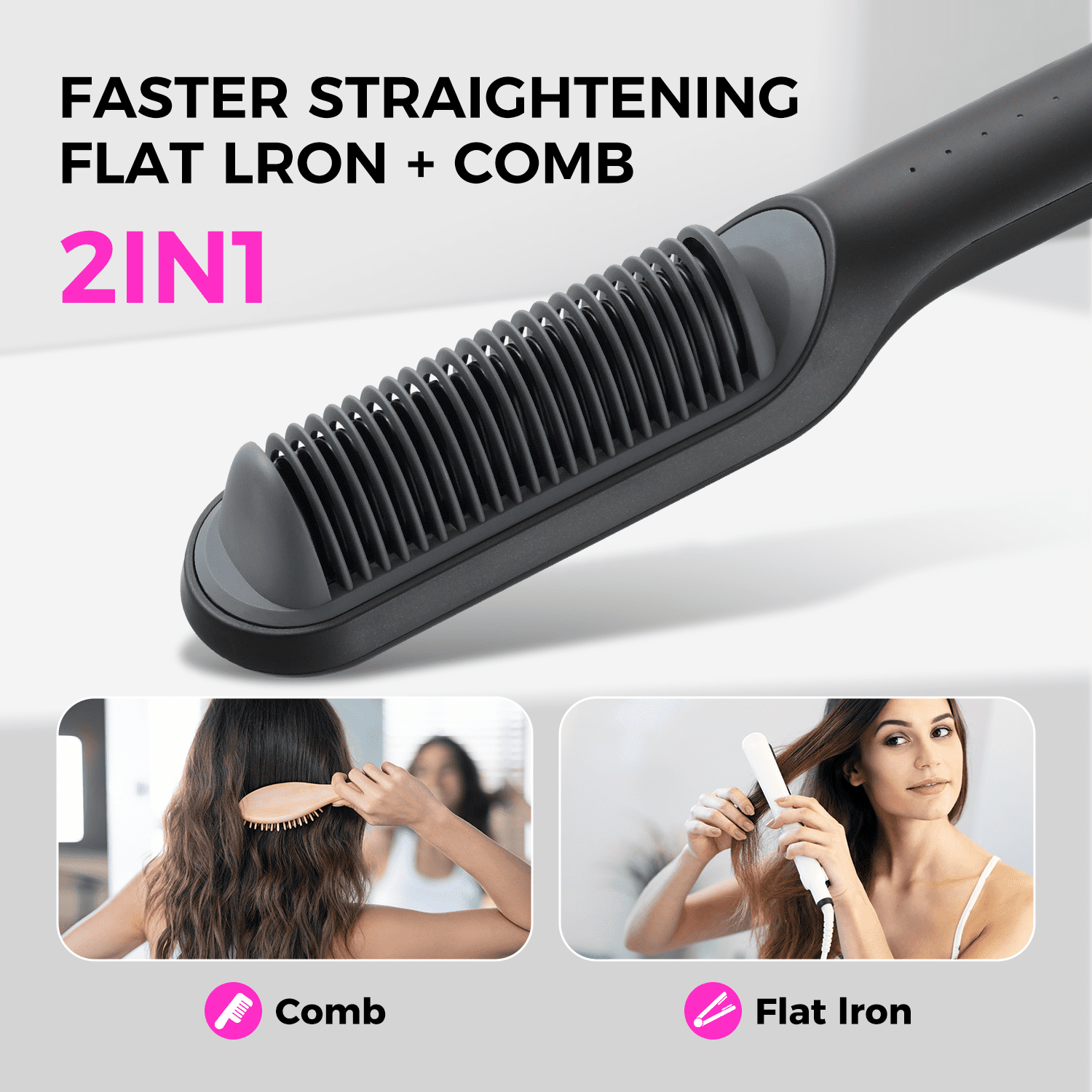 Goolioo Ionic Hair Straightener Brush, Anti-Scald Ceramic Coating, Black