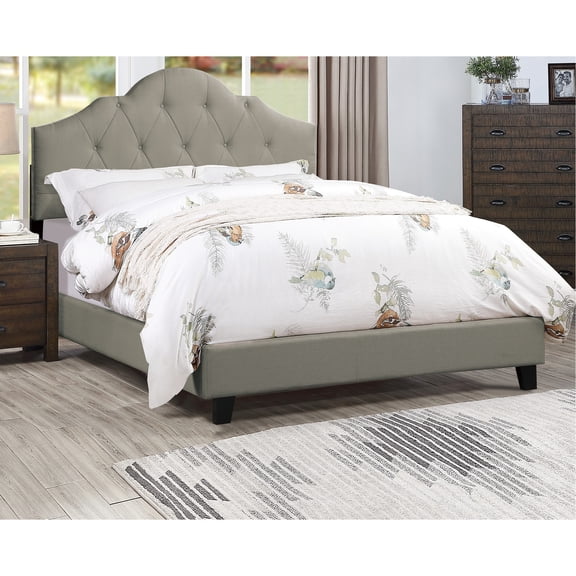 Modern Queen Size Bed, Upholstered Headboard In Grey, Arch Design Wooden Frame, Adjustable Hb Bed Frame With Grey Headboard, Bedframe,