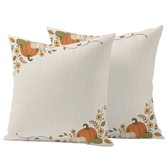 Fall Thanksgiving Outdoor Waterproof Pillow Covers, Pumpkins Florals Minimalist Beige Decorative Square Throw Pillowcase Sofa Cushion Sham for Patio/Couch/Chair, 18"x18" 2 Pack