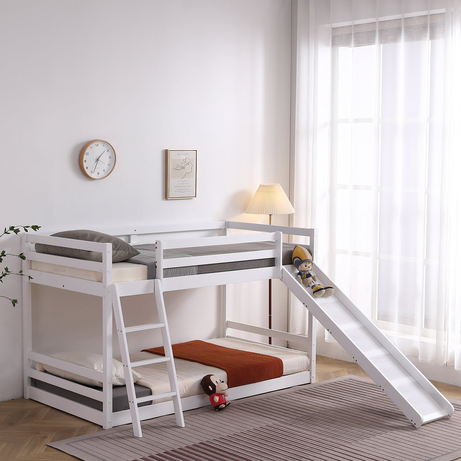 Zimtown Bunk Bed Twin Over Twin,Low Floor Bed Frame with Slide for Dormitory Bedroom,No Box Spring Needed,White