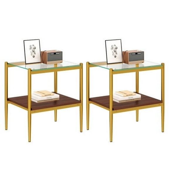 Set of 2 Rectangle End Table, Transparent Tempered Glass Tabletop with MDF Layer,Golden Metal Legs for Living Room. Bedroom