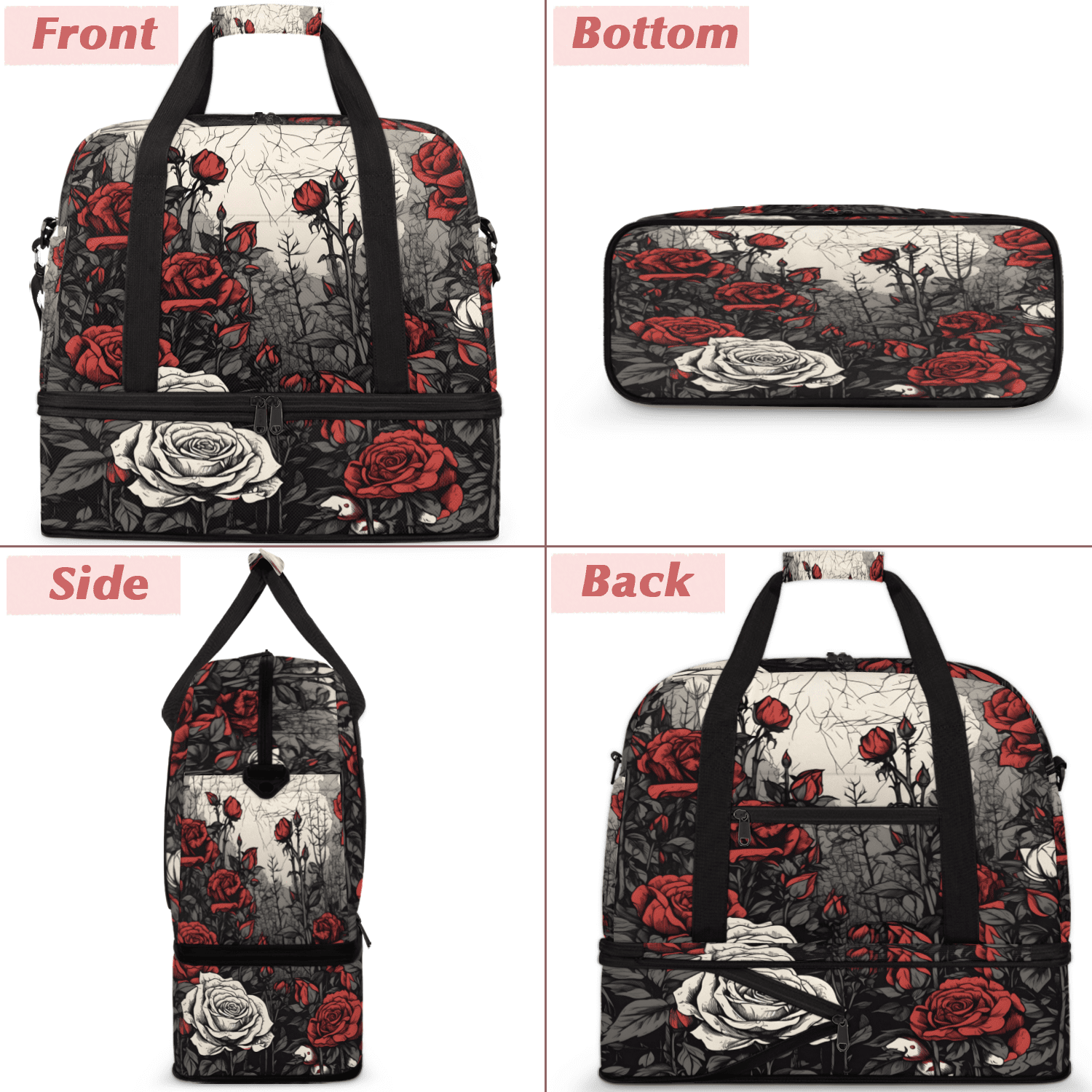Herdesigns Rose Foldable Travel Duffle Bag for Women and Men Lightweight Carry On Overnight Bag Vintage Floral Flower Gym Luggage Weekender Bags with Shoe Compartment