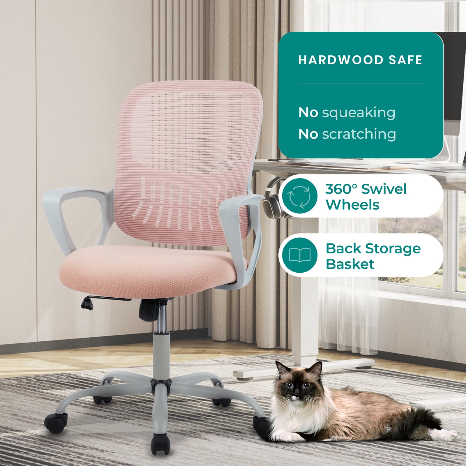 edx Ergonomic Office Chair, Mesh Desk Chair with Fixed Armrests for Home Office Standing Desk, Pink