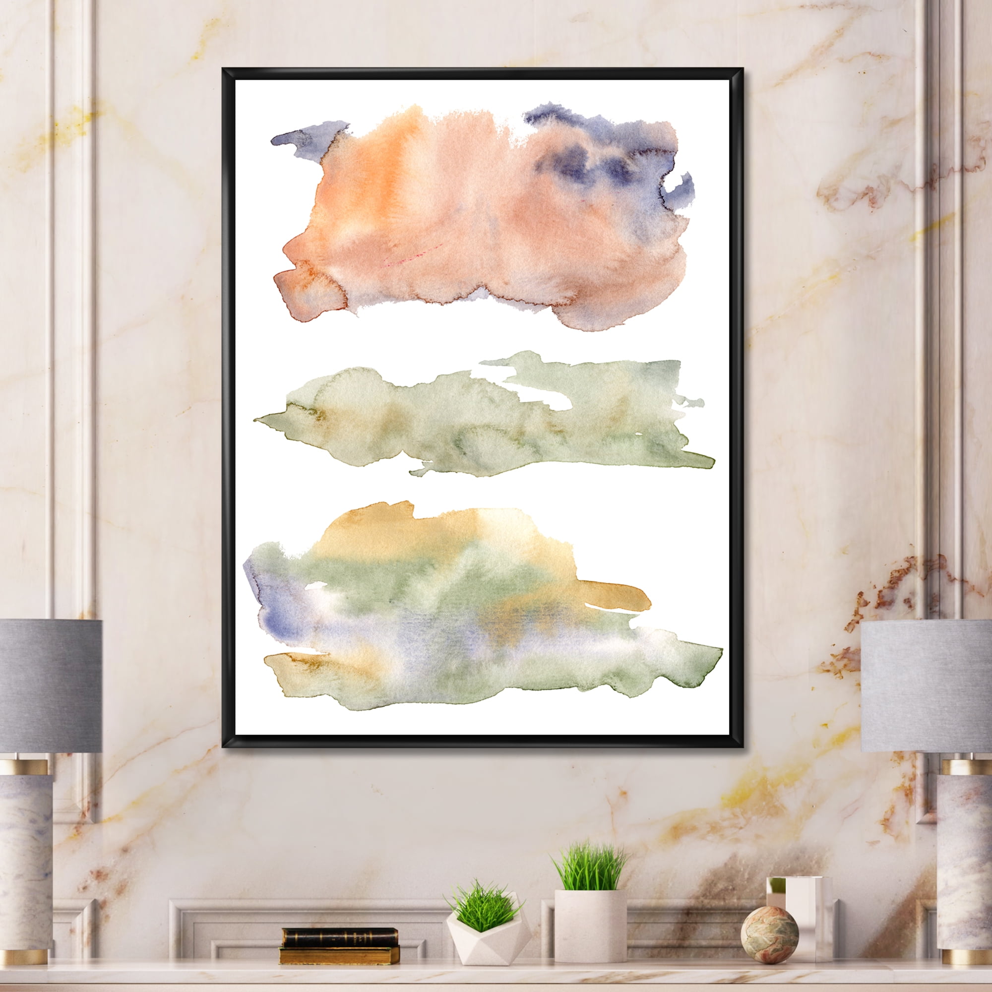 Designart 'Abstract Orange Blue and Beige Green Clouds' Modern Framed Canvas Wall Art Print