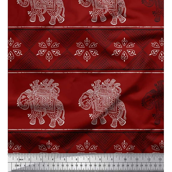 Soimoi Cotton Voile Fabric Floral & Elephant Block Decor Fabric Printed Yard 56 Inch Wide