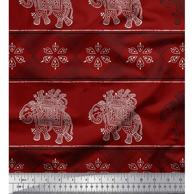 Soimoi Viscose Chiffon Fabric Floral & Elephant Block Printed Craft Fabric by The Yard 42 Inch Wide