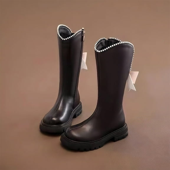 Botas Fall And Winter Fashion Bow Knot Long Barrel Leather Little Girl Fashionable Princess Boots Snow Boots Fashion Outdoors Hiking Riding Casual Shoes
