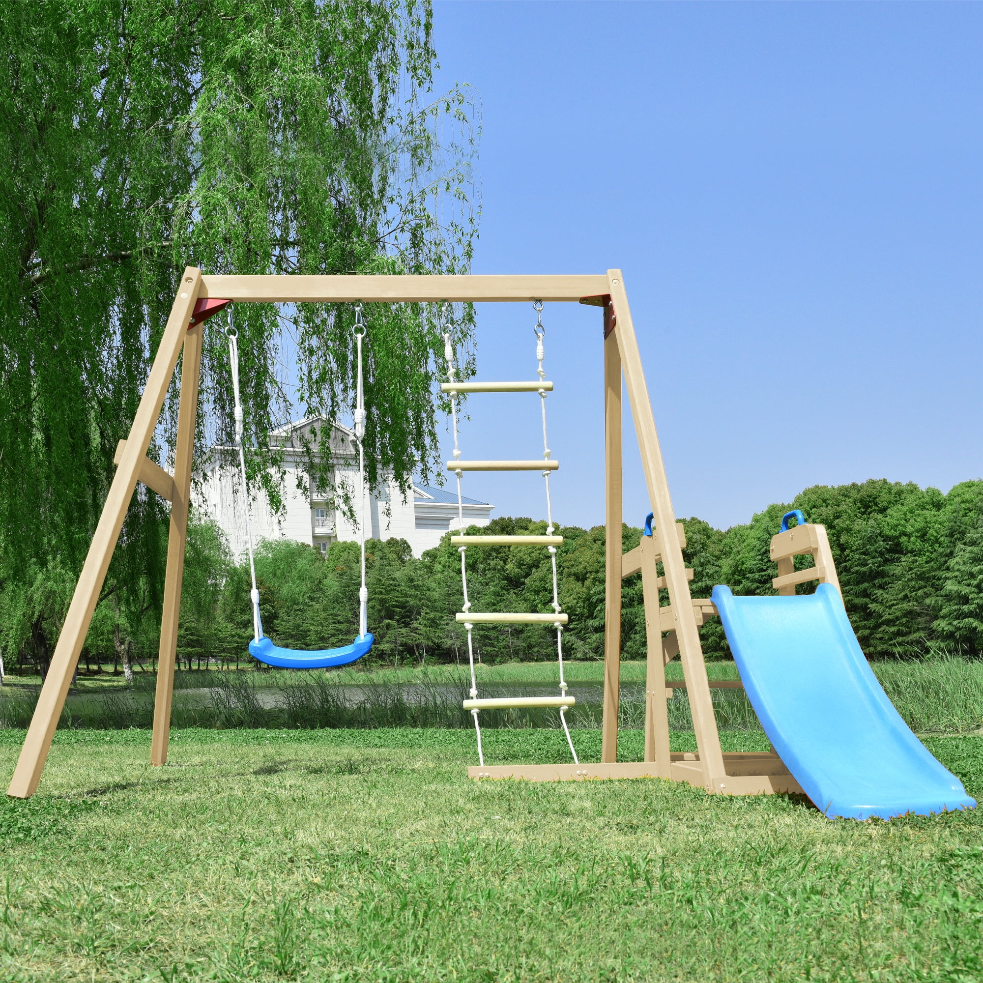 EUROCO Wooden Swing Set with Slide, Outdoor Playset Backyard Activity