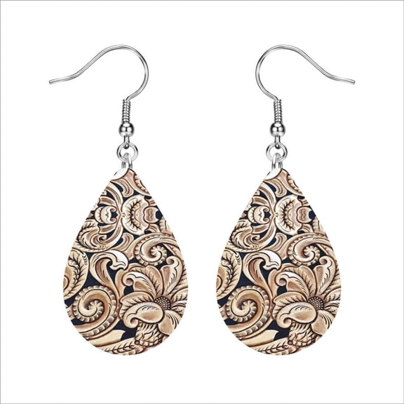 Vintage Western Tooled Leather Teardrop Earrings for Women Floral Embossed Pattern Lightweight Dangle Earrings Rustic Boho Cowgirl Jewelry Gift